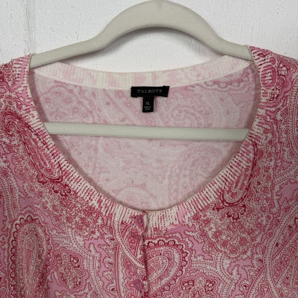 Talbots Cardigan Pink Paisley Beaded Soft Feminine Career Sparkly Dainty Size XL - Picture 2 of 12